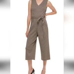 Tommy Hilfiger Sleeveless V-Neck Houndstooth Jumpsuit in Black & Cream